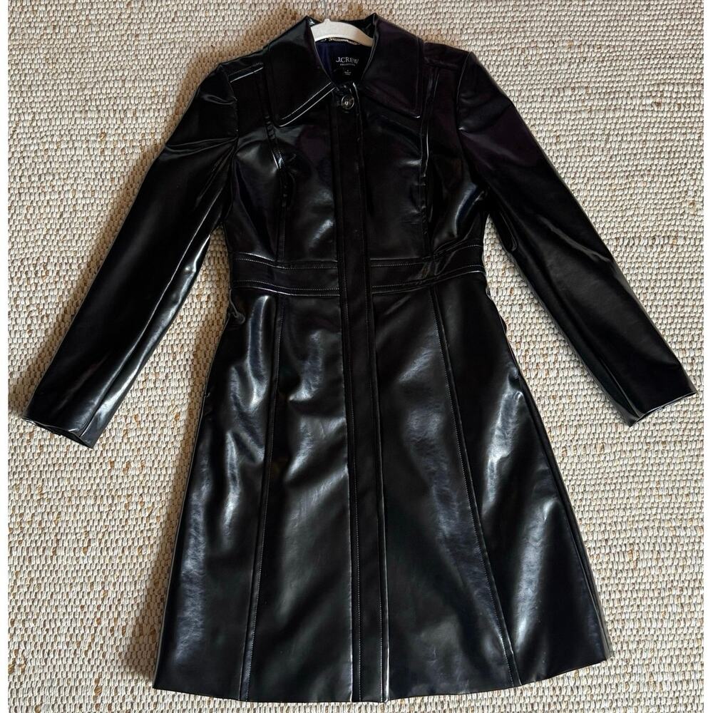 J.Crew Collection Black Faux Patent Leather Lady Day Trench Coat Sz 4 Sleek